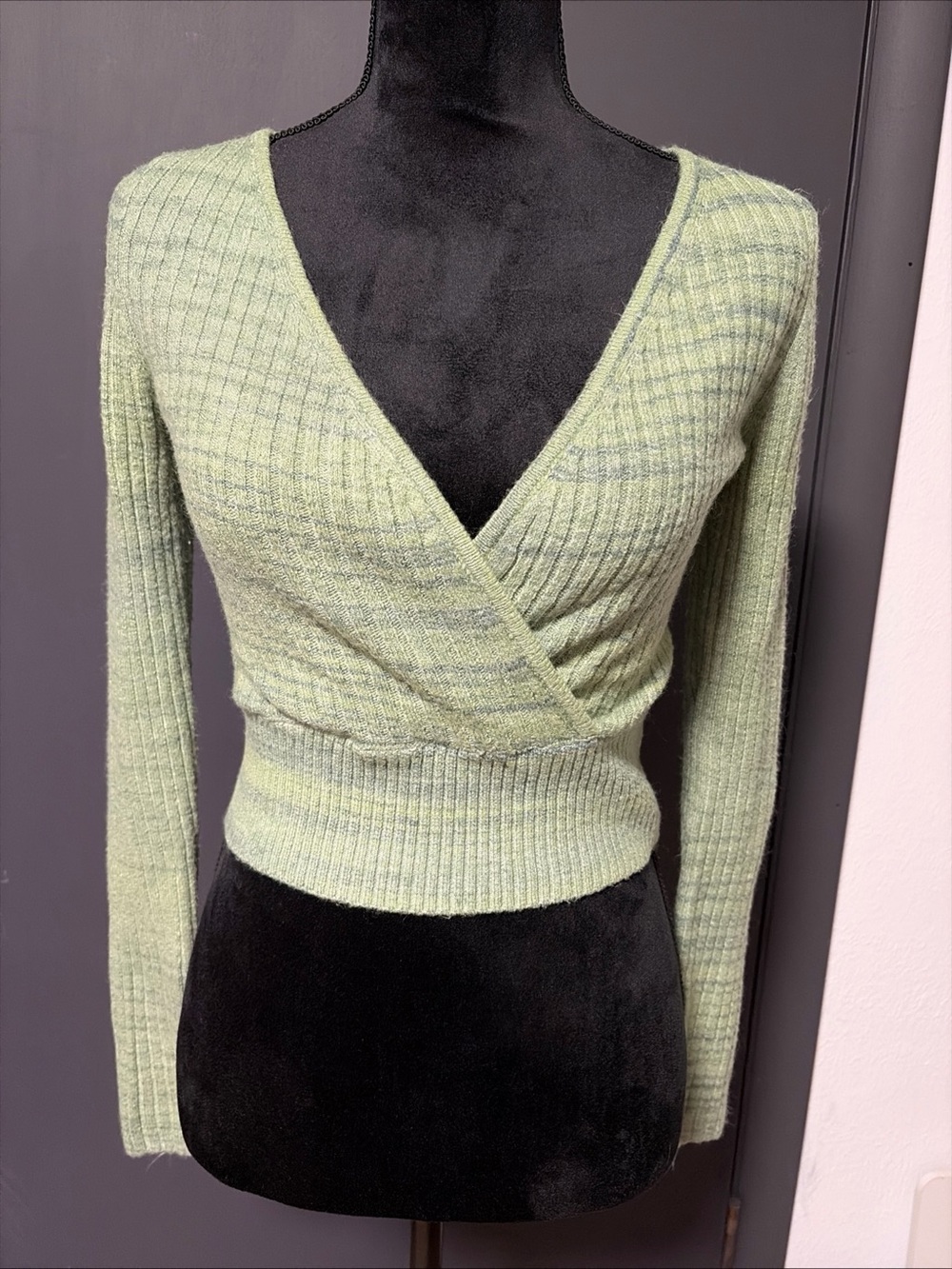 American Eagle Outfitters Light Green Ribbed Wrap V-Neck Sweater